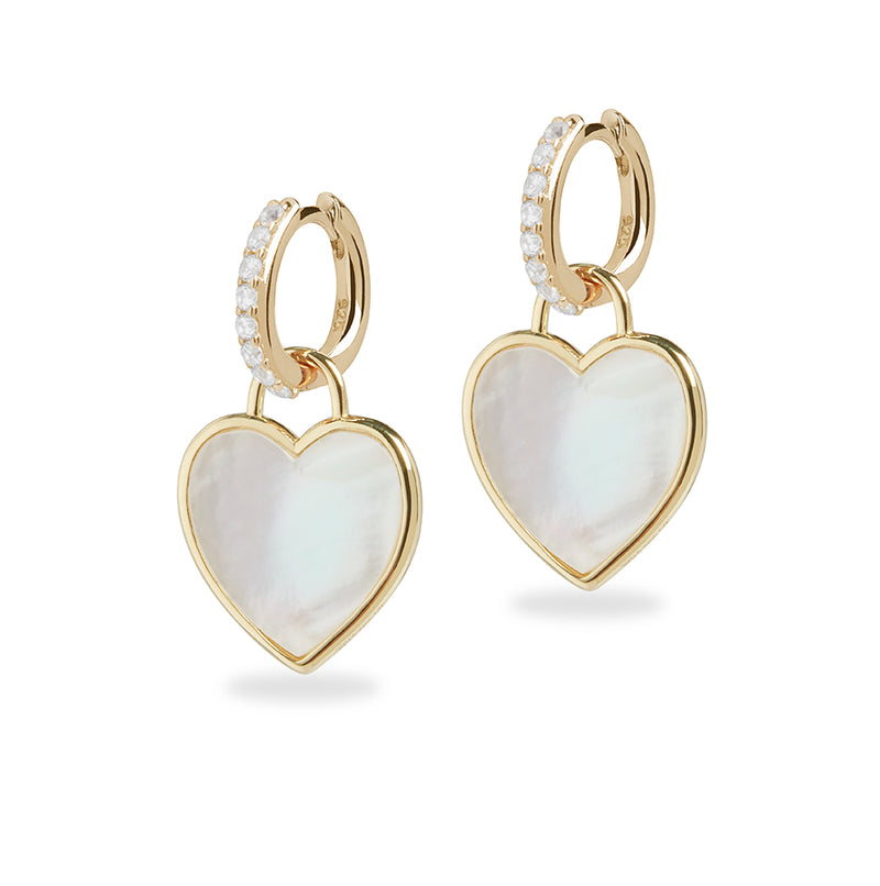 Diamond Crystal Huggie and Mother Of Pearl Heart Charm Gold Earring Set