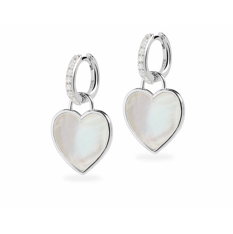 Diamond Crystal Huggie and Mother Of Pearl Heart Charm Silver Earring Set