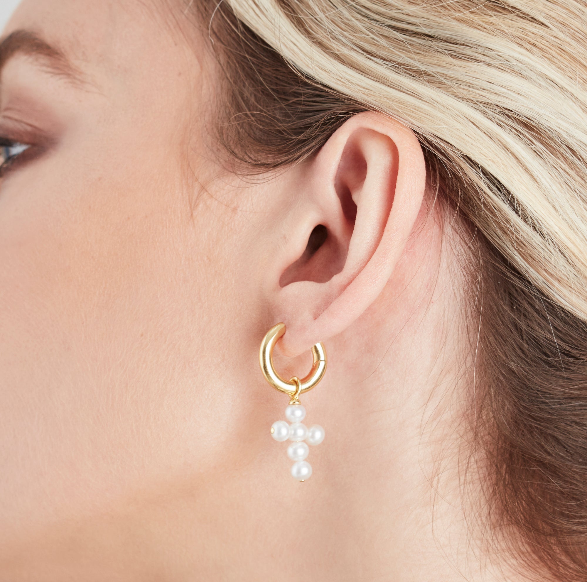 Small Hoop and Cross Pearl Charm Silver Earring Set