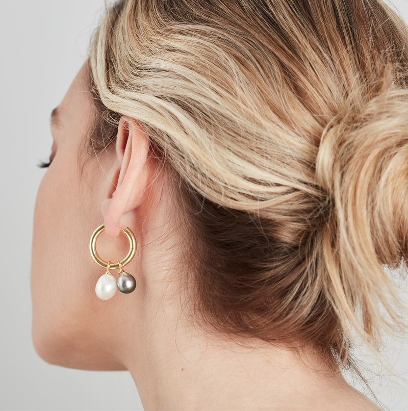 Midi Hoop and Tahitian Pearl Charm Rose Gold Earring Set