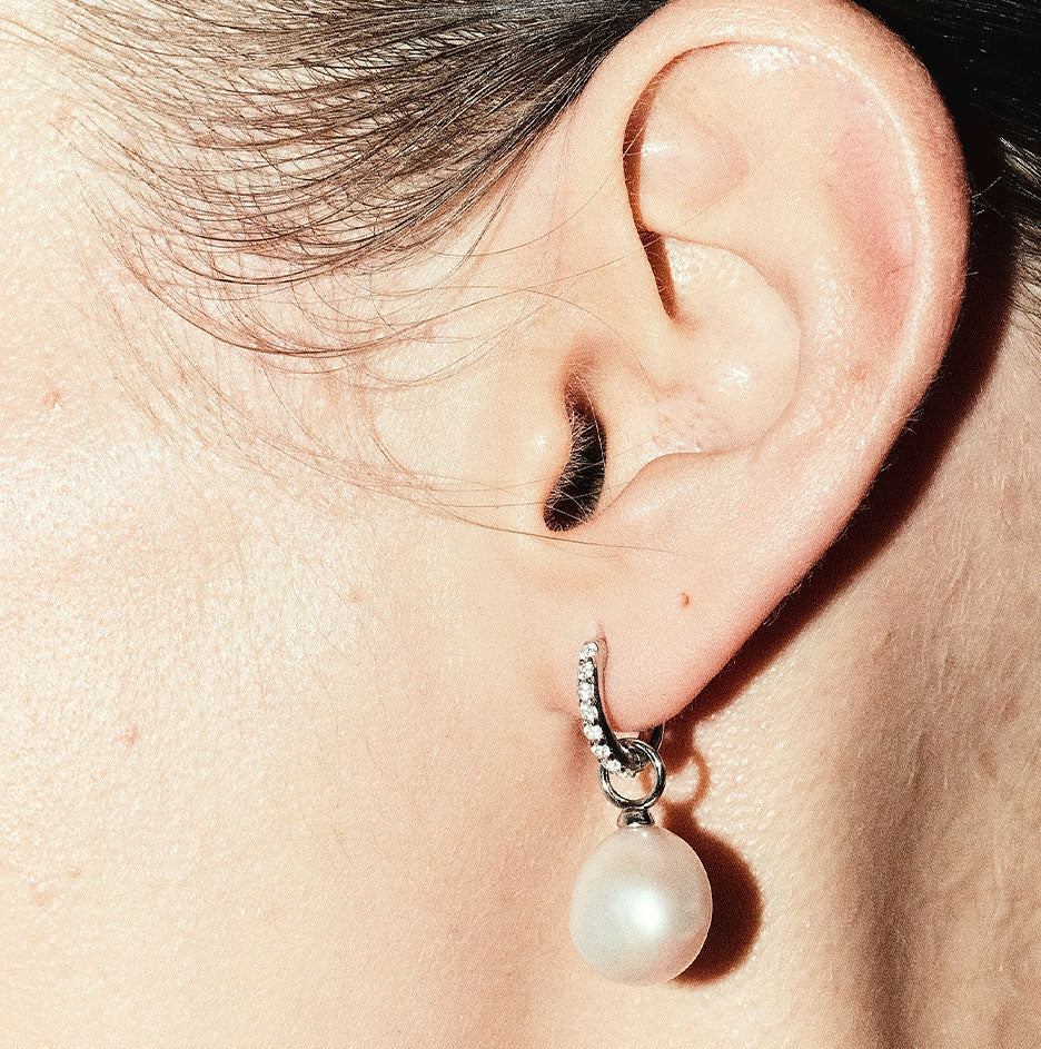 Diamond Crystal Huggie and Baroque Pearl Charm Rose Gold Earring