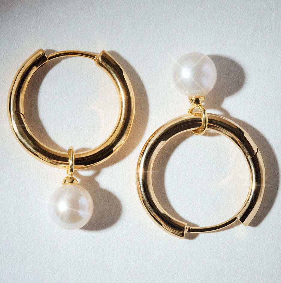 Large Hoop and Round Cultured Pearl Charm Gold Earring Set