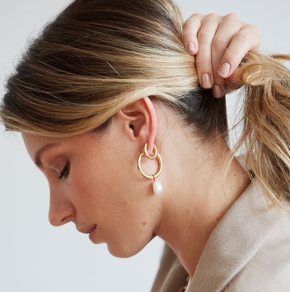 Large Hoop and Baroque Pearl Charm Gold Earring Set Olivia Pearl