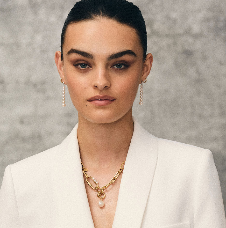 Link Chain Necklace with Small Pearl Carabiner and Baroque Pearl Charm