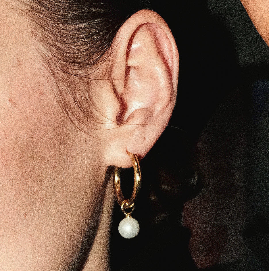 Midi Hoop and Round Cultured Pearl Charm Gold Earring Set