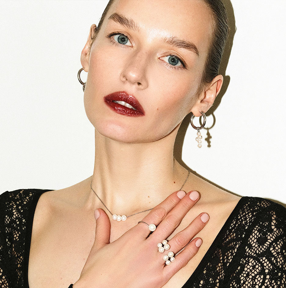 Midi Hoop and Cross Pearl Charm Gold Earring Set