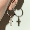 Midi Hoop and Cross Pearl Charm Silver Earring Set