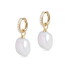 Diamond Crystal Huggie and Baroque Pearl Charm Gold Earring Set