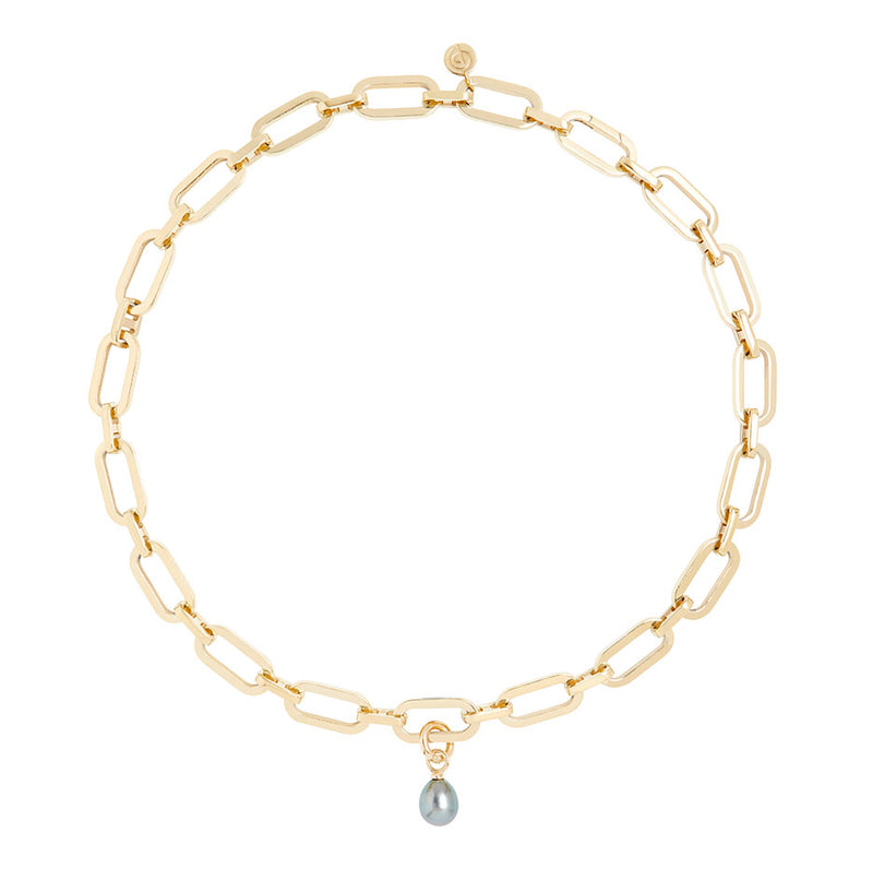 Link Chain Necklace and Tahitian Pearl Charm Gold Set