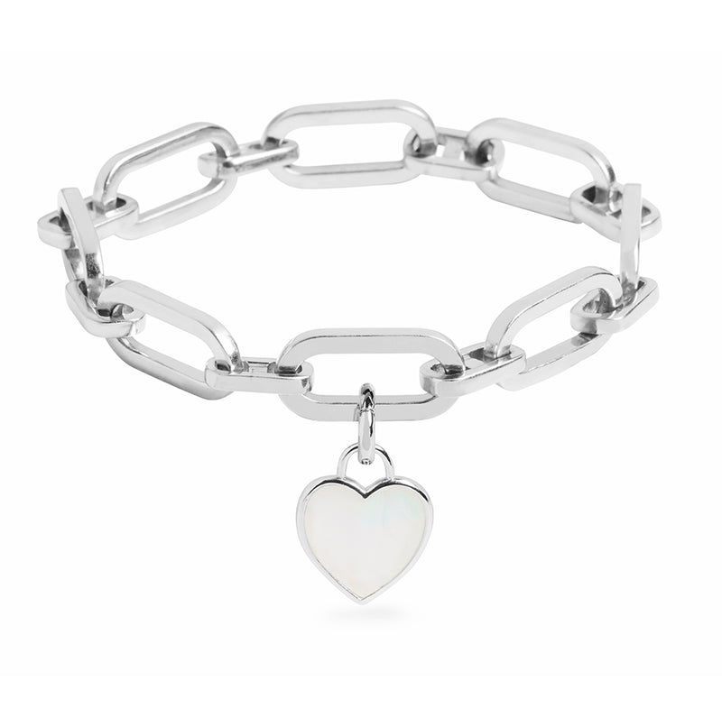 Link Chain Bracelet and Mother of Pearl Heart Charm Silver Set