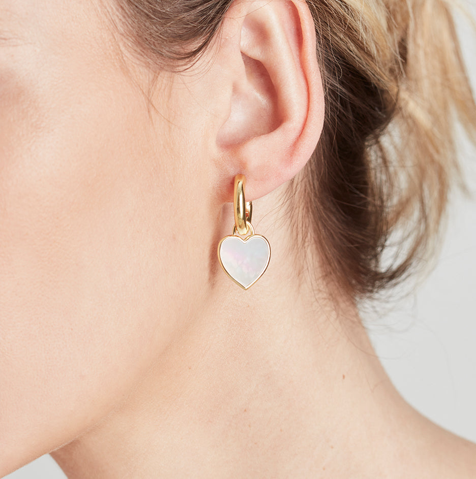 Small Chunky Hoop and Mother of Pearl Heart Charm Silver Earring