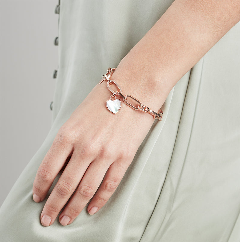 Link Chain Bracelet and Mother of Pearl Heart Charm Rose Gold Set