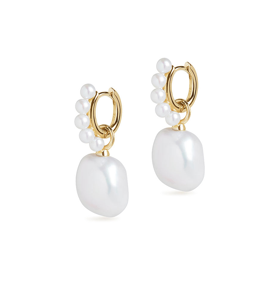 Pearl Huggie and Baroque Pearl Charm Gold Earring Set