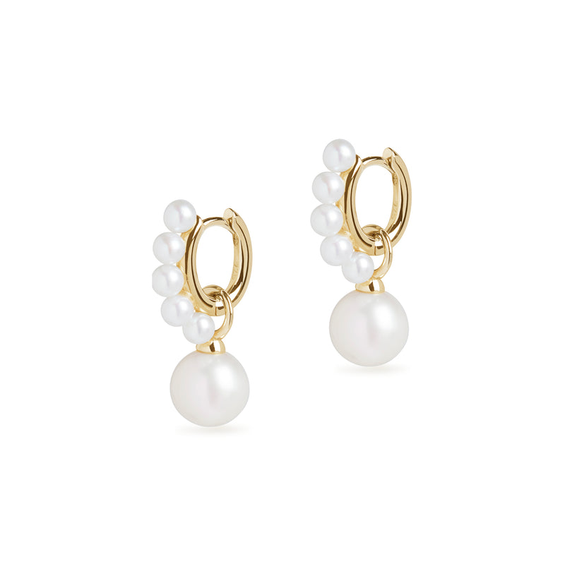 Pearl Huggie and Round Cultured Pearl Charm Gold Earring Set