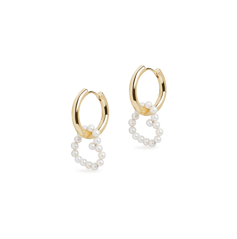 Midi Hoop and Small Heart Pearl Charm Gold Earring Set