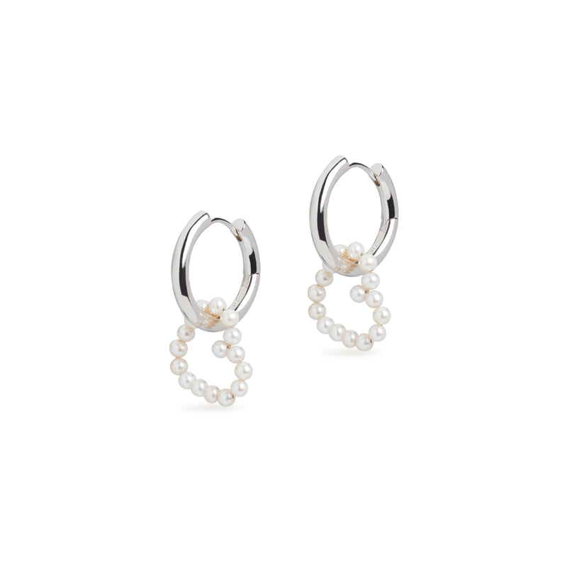 Midi Hoop and Small Heart Pearl Charm Silver Earring Set