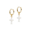 Midi Hoop and Cross Pearl Charm Gold Earring Set