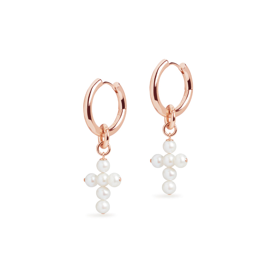 Midi Hoop and Cross Pearl Charm Rose Gold Earring Set