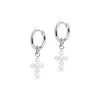 Midi Hoop and Cross Pearl Charm Silver Earring Set