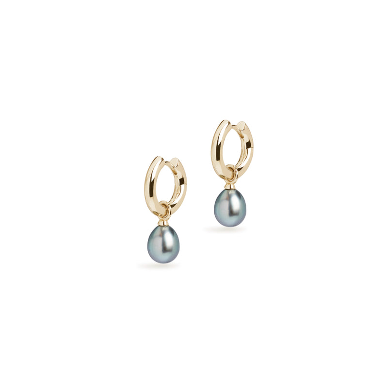 Small Hoop and Tahitian Pearl Charm Gold Earring Set