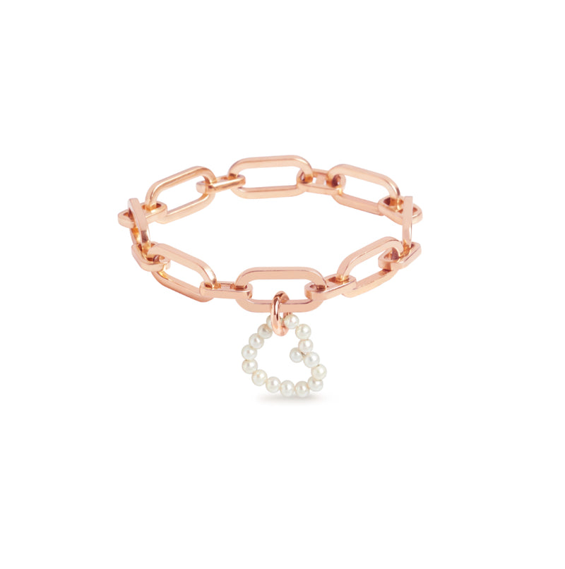 Link Chain Bracelet and Small Heart Pearl Rose Charm Gold Set