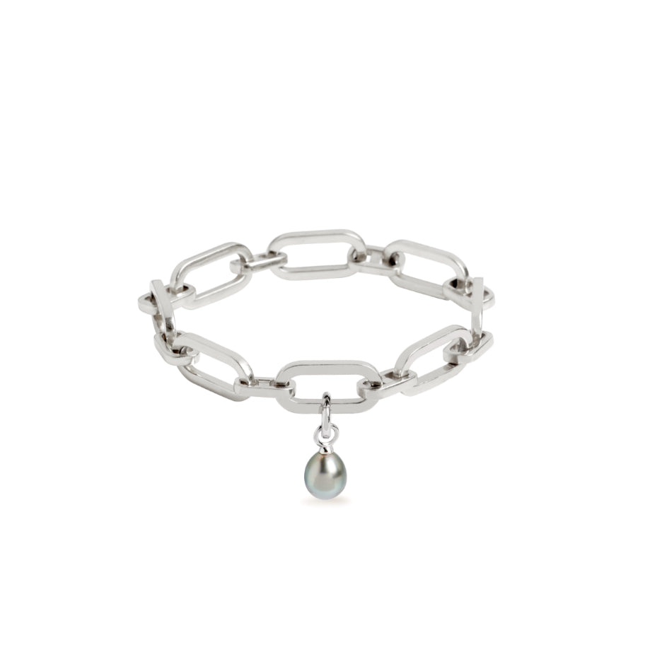 Link Chain Bracelet and Tahitian Pearl Charm Silver Set