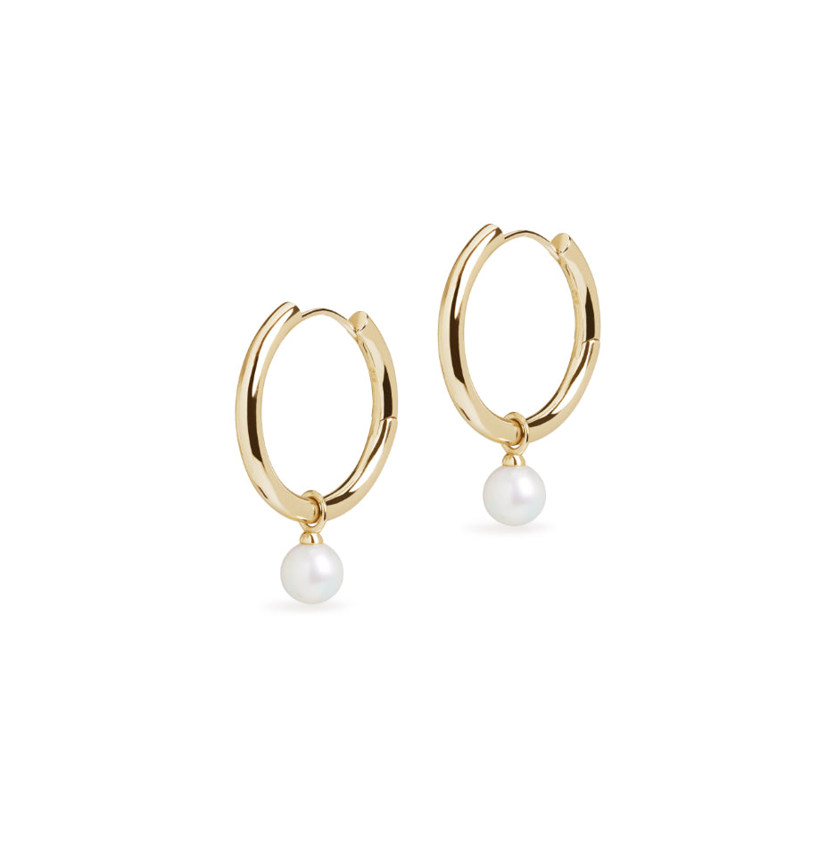 Large Hoop and Round Cultured Pearl Charm Gold Earring Set