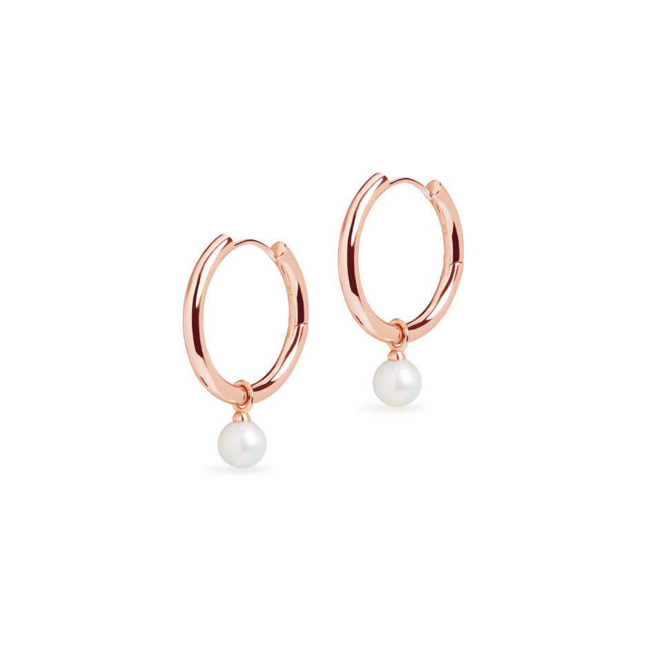 Large Hoop and Round Cultured Pearl Charm Rose Gold Earring Set