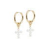 Large Hoop and Cross Pearl Charm Gold Earring Set