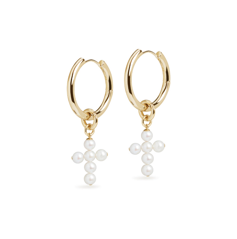 Large Hoop and Cross Pearl Charm Gold Earring Set