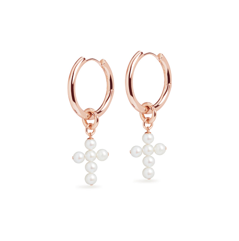 Large Hoop and Cross Pearl Charm Rose Gold Earring Set