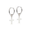 Large Hoop and Cross Pearl Charm Silver Earring Set