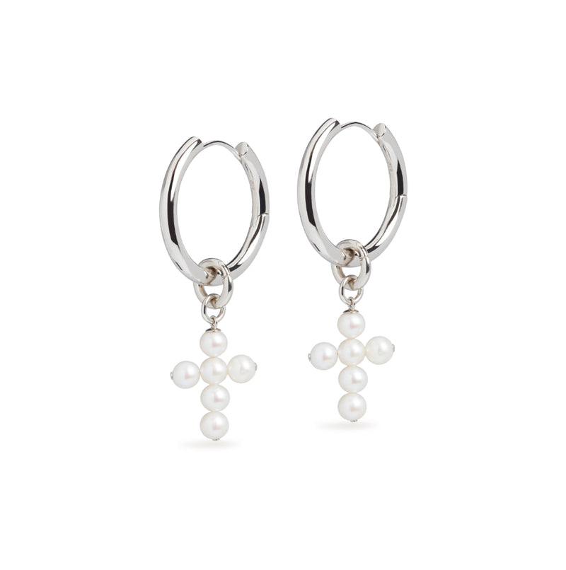 Large Hoop and Cross Pearl Charm Silver Earring Set