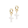 Small Hoop and Cross Pearl Charm Gold Earring Set