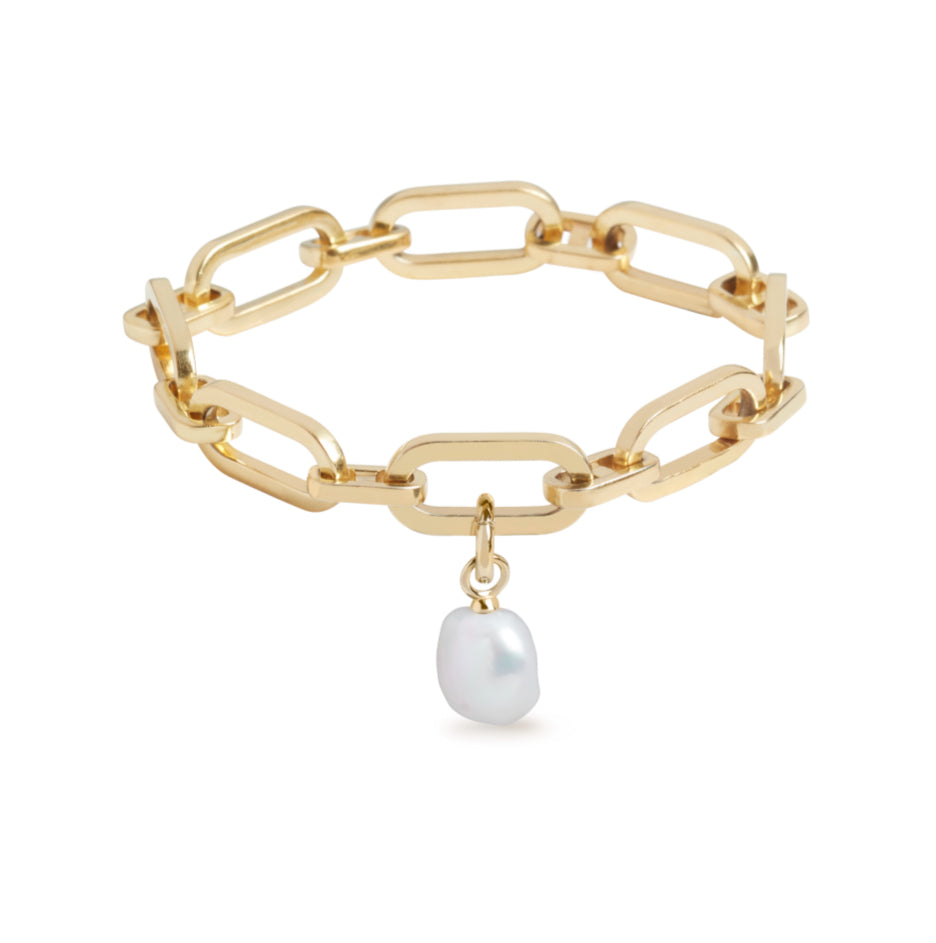 Link Chain Bracelet and Baroque Pearl Charm Gold Set