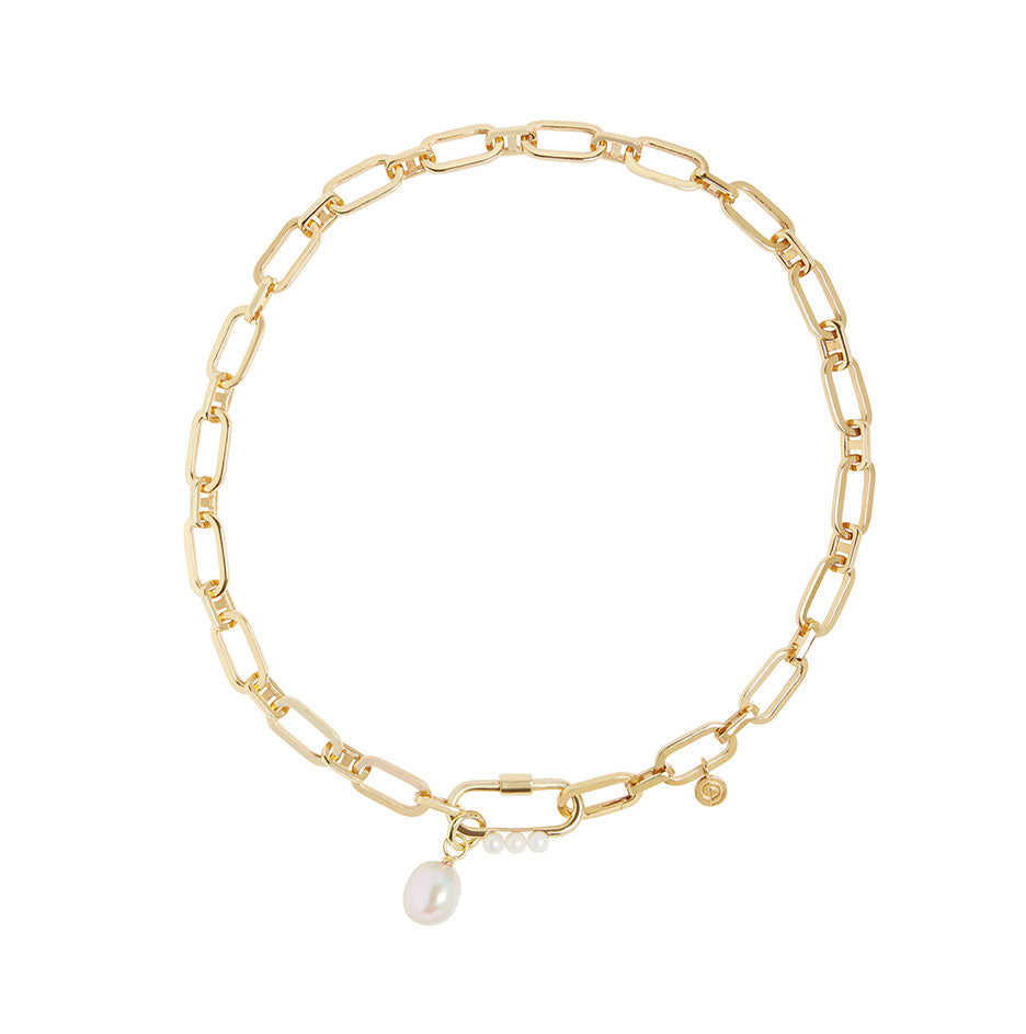 Link Chain Necklace with Small Pearl Carabiner and Baroque Pearl Charm