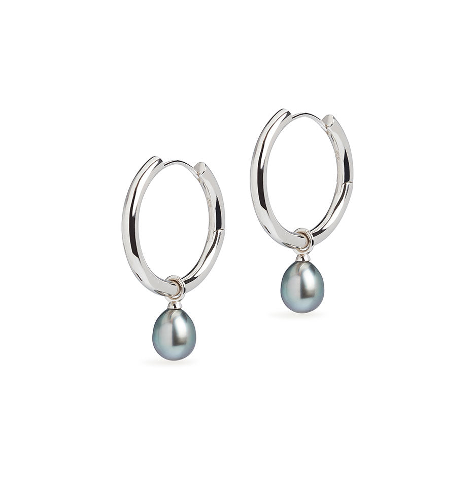 Large Hoop and Tahitian Pearl Charm Silver Earring Set