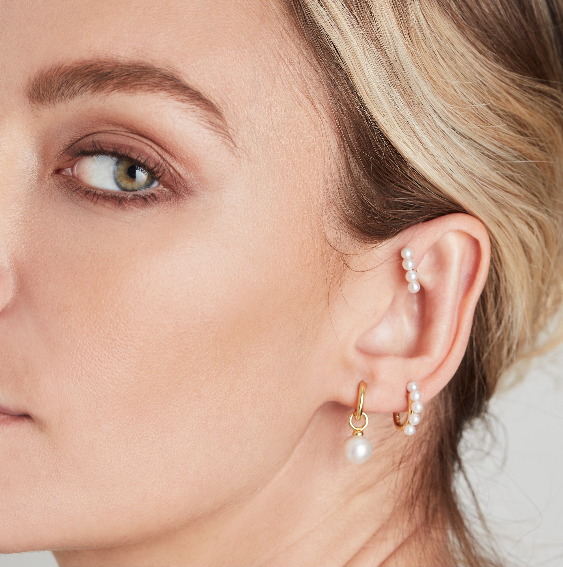 Huggie and Round Cultured Pearl Charm Gold Earring Set