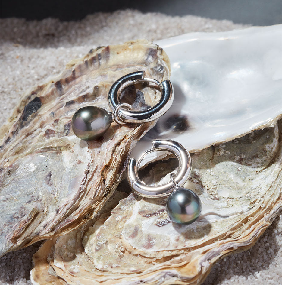 Small Hoop and Tahitian Pearl Charm Silver Earring Set